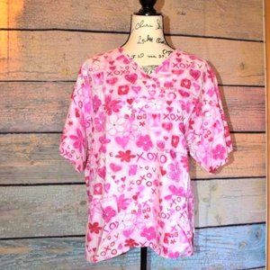 Peaches Pink Scrub Top Pockets Hearts Hugs & Kisses XO's Love Valentine's 3X